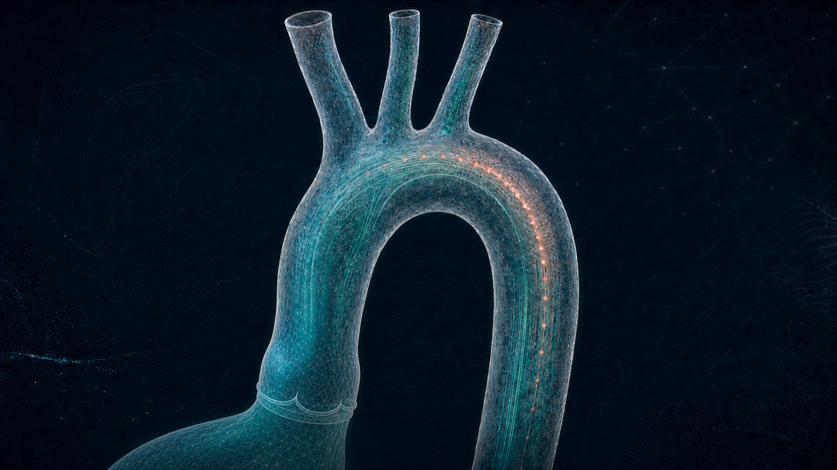 Patient-specific aortic digital twin showing the cardiac origin, aortic arch and simulated blood flow